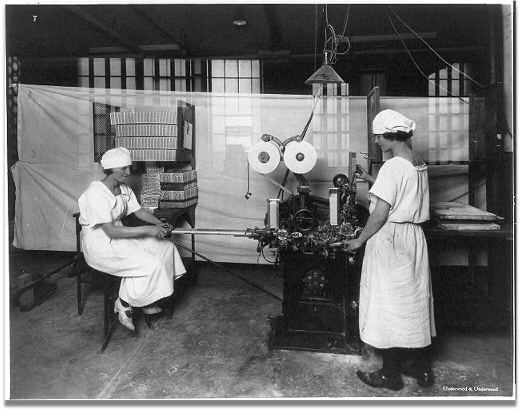 Women operating a chewing gum wrapping machine at the American Chicle Company factory, New York, 1923 || Dos trabajadoras de American Chicle Company operan una máquina industrial para envolver chicles en una fábrica de Nueva York, 1923.